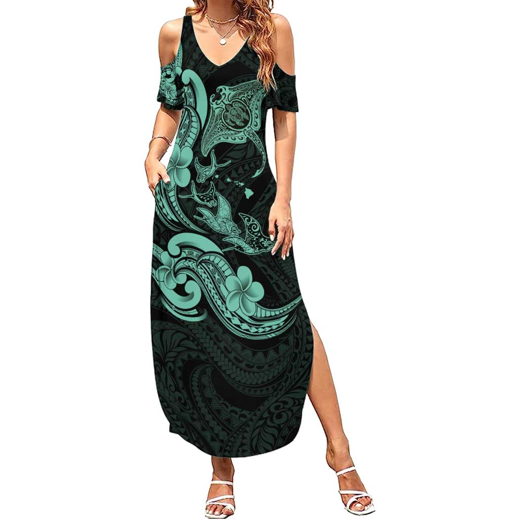 Hawaiian Manta Rays Summer Maxi Dress Tribal Hibiscus Polynesian Tattoos Turquoise Color - Polynesian Pride