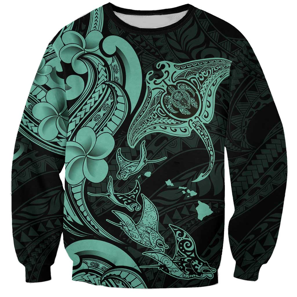 Hawaiian Manta Rays Sweatshirt Tribal Hibiscus Polynesian Tattoos Turquoise Color LT03 Unisex Turquoise - Polynesian Pride