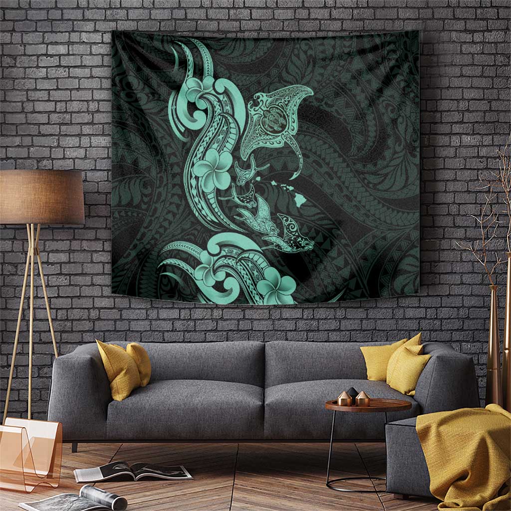 Hawaiian Manta Rays Tapestry Tribal Hibiscus Polynesian Tattoos Turquoise Color - Polynesian Pride