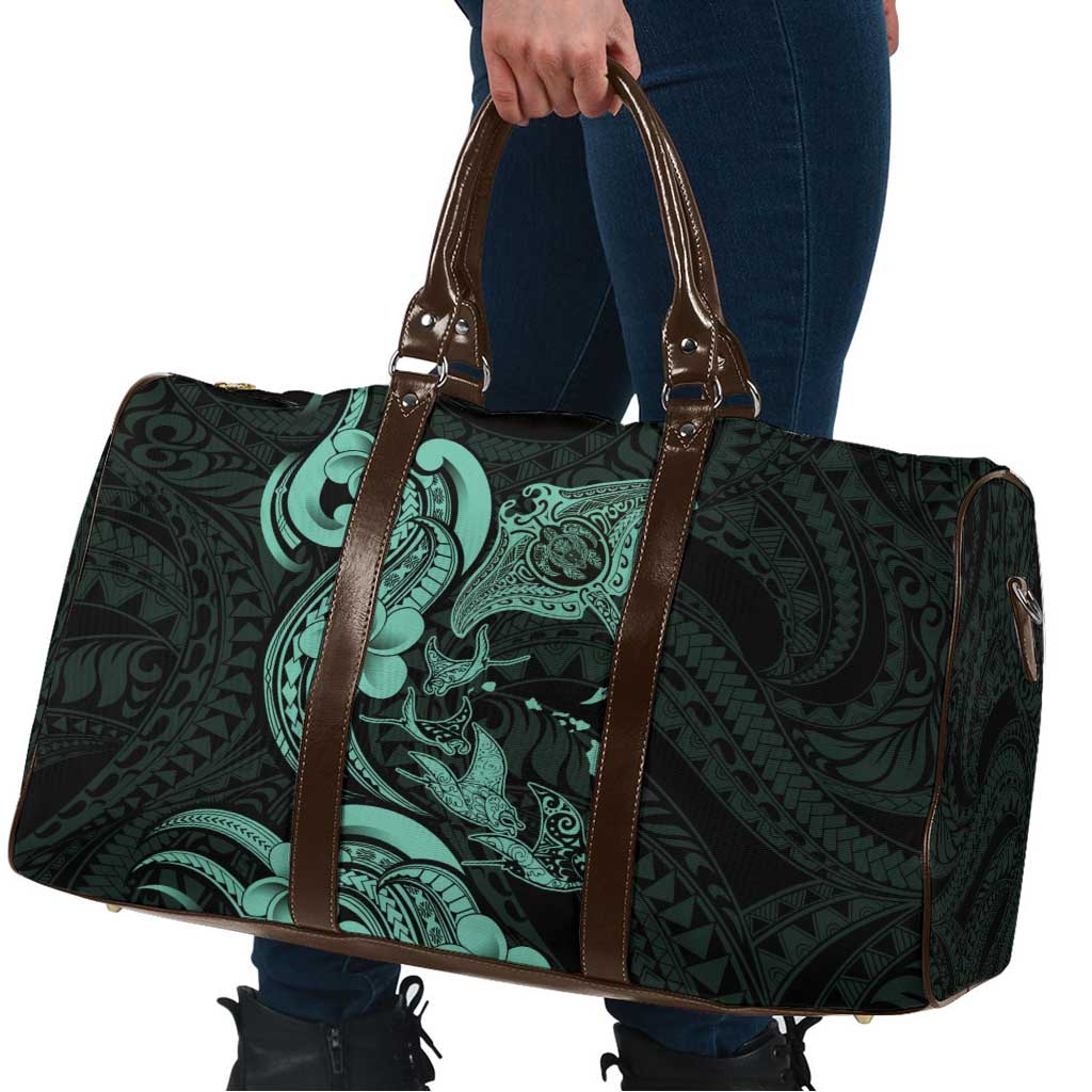 Hawaiian Manta Rays Travel Bag Tribal Hibiscus Polynesian Tattoos Turquoise Color - Polynesian Pride