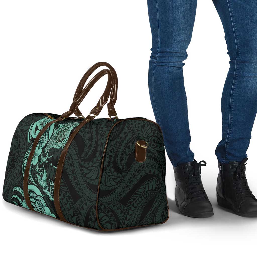 Hawaiian Manta Rays Travel Bag Tribal Hibiscus Polynesian Tattoos Turquoise Color - Polynesian Pride