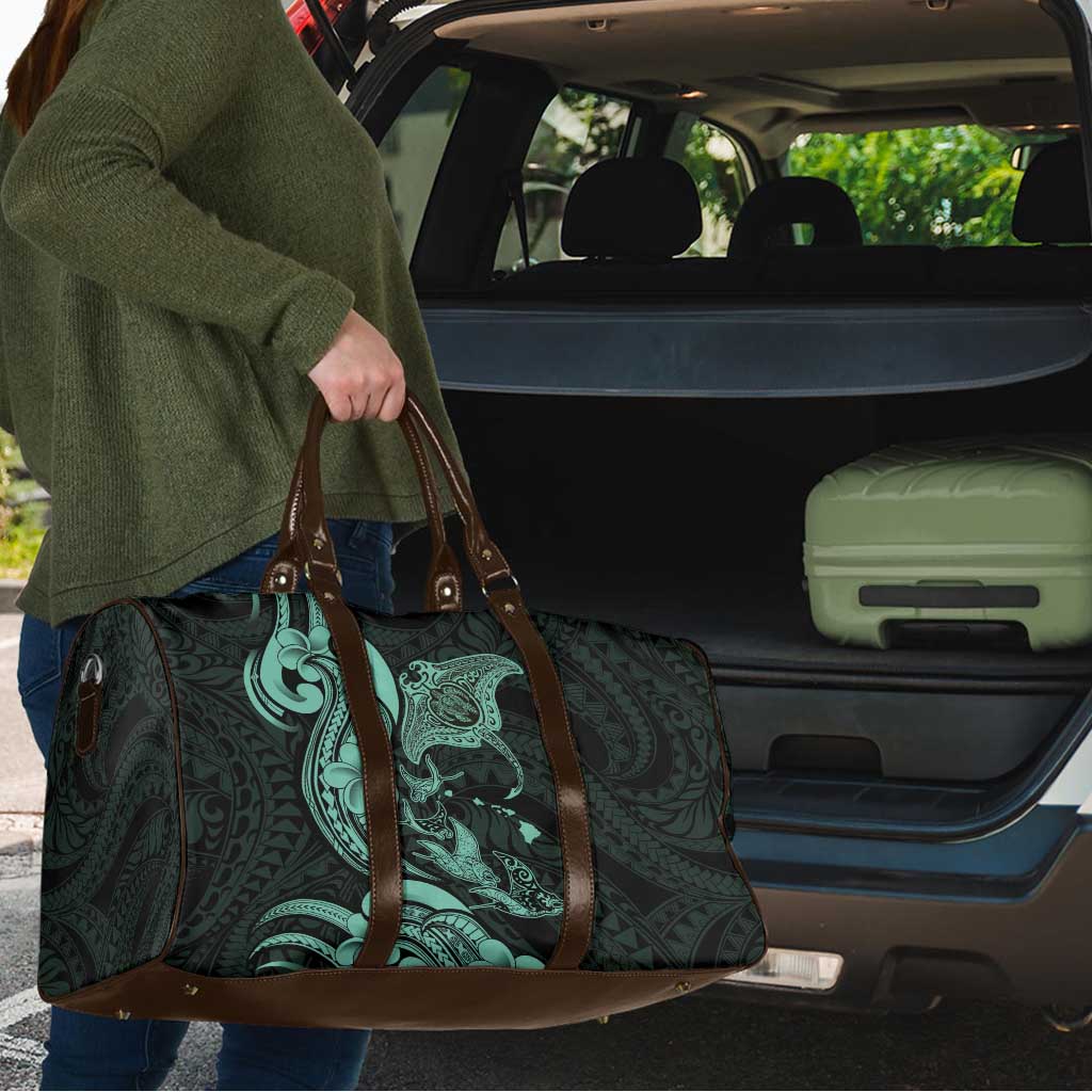 Hawaiian Manta Rays Travel Bag Tribal Hibiscus Polynesian Tattoos Turquoise Color - Polynesian Pride