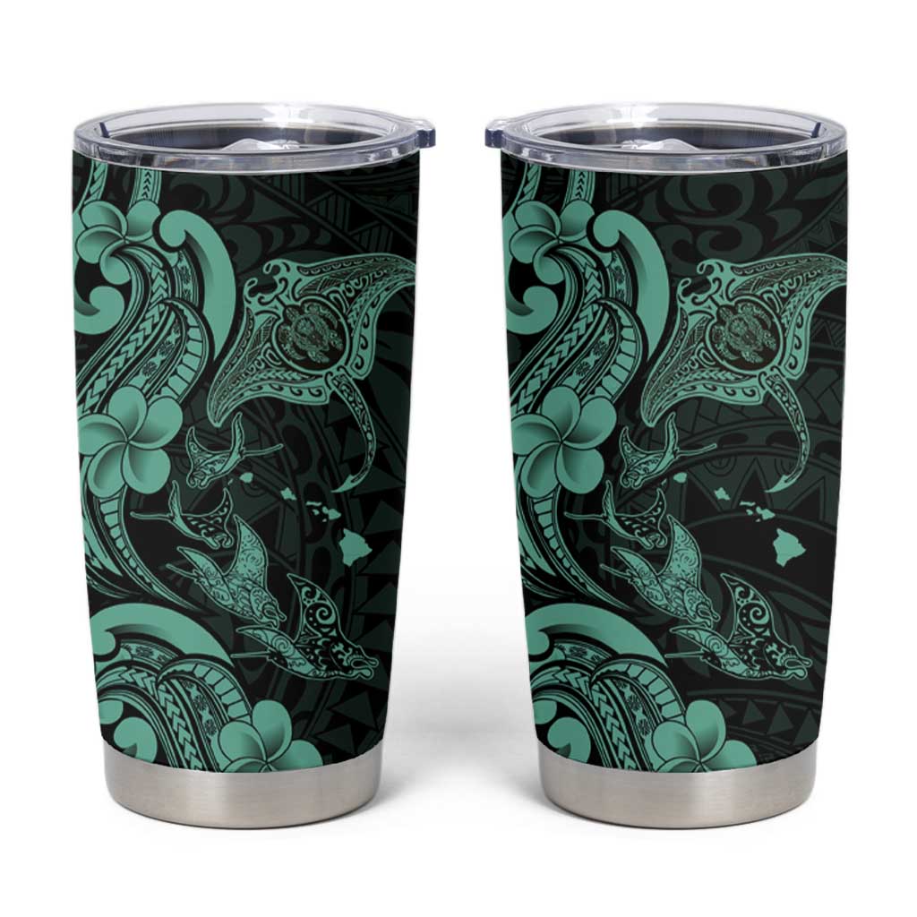 Hawaiian Manta Rays Tumbler Cup Tribal Hibiscus Polynesian Tattoos Turquoise Color - Polynesian Pride