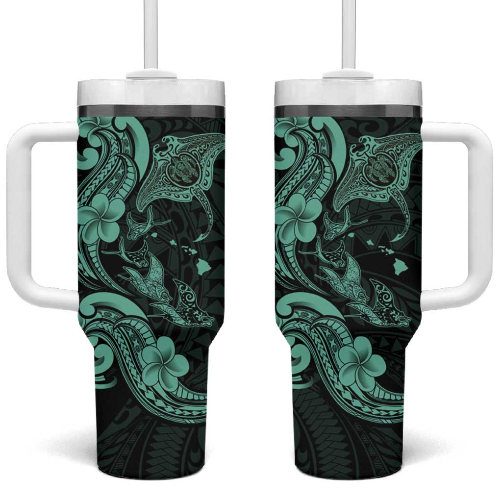 Hawaiian Manta Rays Tumbler With Handle Tribal Hibiscus Polynesian Tattoos Turquoise Color - Polynesian Pride