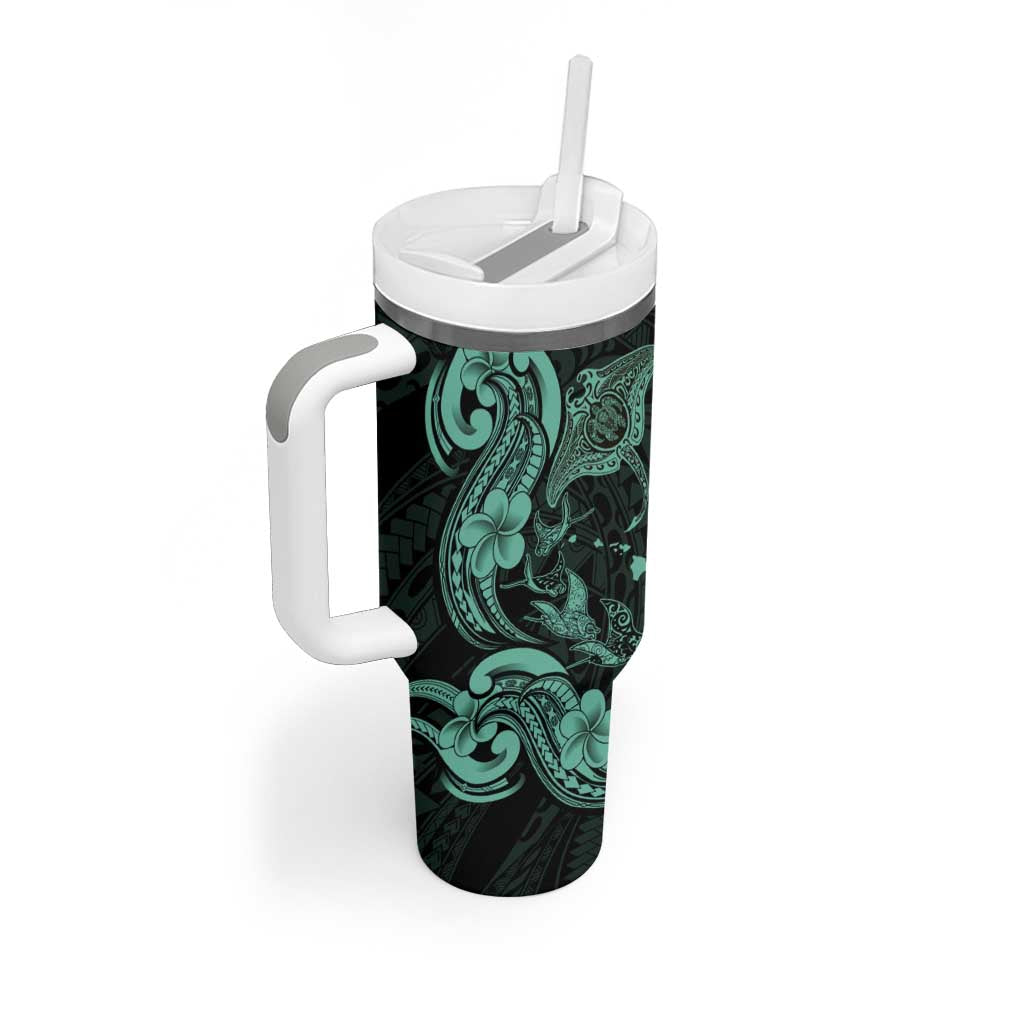 Hawaiian Manta Rays Tumbler With Handle Tribal Hibiscus Polynesian Tattoos Turquoise Color - Polynesian Pride