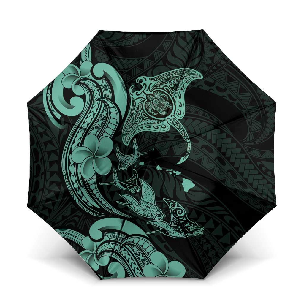 Hawaiian Manta Rays Umbrella Tribal Hibiscus Polynesian Tattoos Turquoise Color LT03 One Size Folded 11.42 inch Opened Diameter 37.4 inch Turquoise - Polynesian Pride
