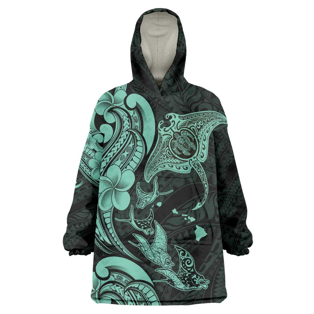 Hawaiian Manta Rays Wearable Blanket Hoodie Tribal Hibiscus Polynesian Tattoos Turquoise Color - Polynesian Pride