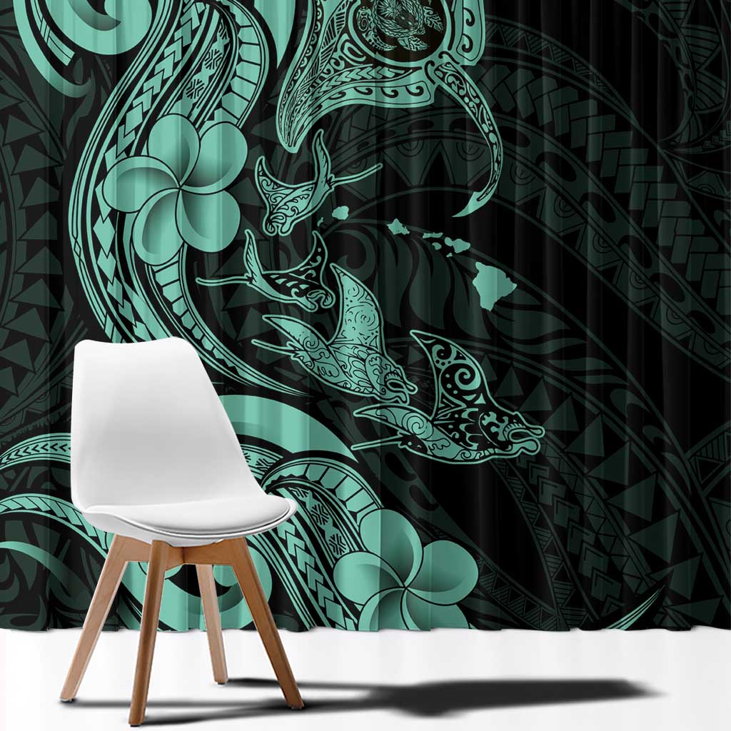 Hawaiian Manta Rays Window Curtain Tribal Hibiscus Polynesian Tattoos Turquoise Color - Polynesian Pride