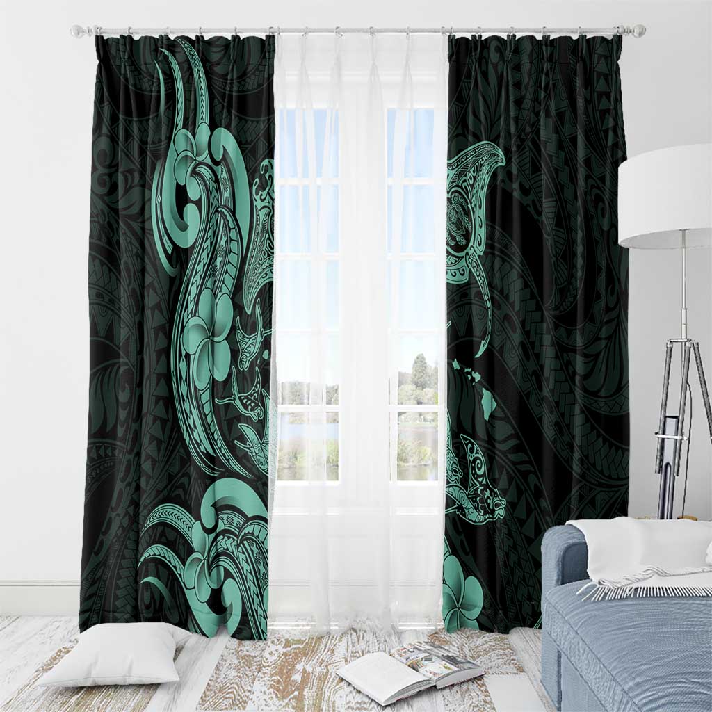 Hawaiian Manta Rays Window Curtain Tribal Hibiscus Polynesian Tattoos Turquoise Color - Polynesian Pride