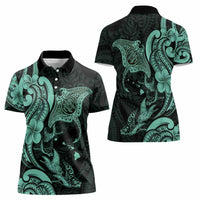 Hawaiian Manta Rays Women Polo Shirt Tribal Hibiscus Polynesian Tattoos Turquoise Color - Polynesian Pride