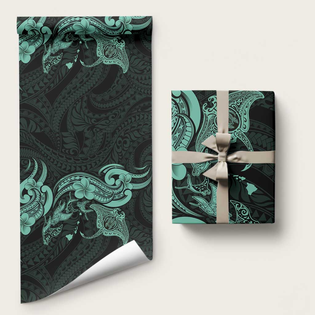 Hawaiian Manta Rays Wrapping Paper Tribal Hibiscus Polynesian Tattoos Turquoise Color LT03 58" × 23" Turquoise - Polynesian Pride