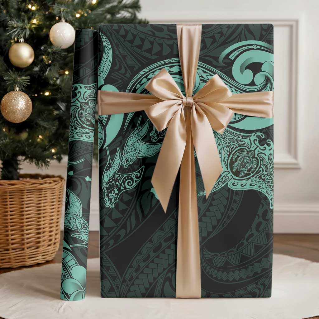 Hawaiian Manta Rays Wrapping Paper Tribal Hibiscus Polynesian Tattoos Turquoise Color - Polynesian Pride
