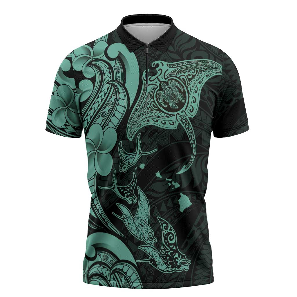 Hawaiian Manta Rays Zipper Polo Shirt Tribal Hibiscus Polynesian Tattoos Turquoise Color - Polynesian Pride