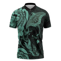 Hawaiian Manta Rays Zipper Polo Shirt Tribal Hibiscus Polynesian Tattoos Turquoise Color - Polynesian Pride