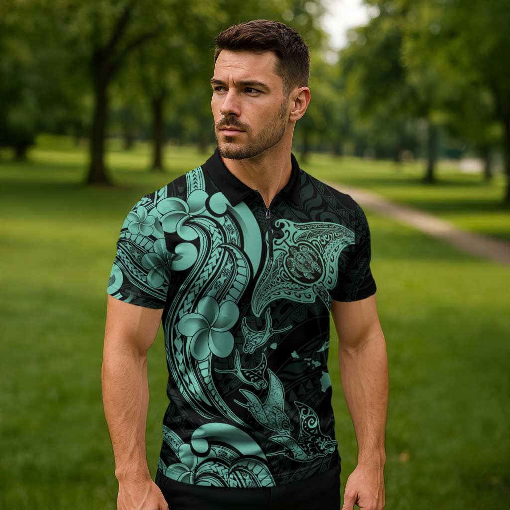 Hawaiian Manta Rays Zipper Polo Shirt Tribal Hibiscus Polynesian Tattoos Turquoise Color - Polynesian Pride