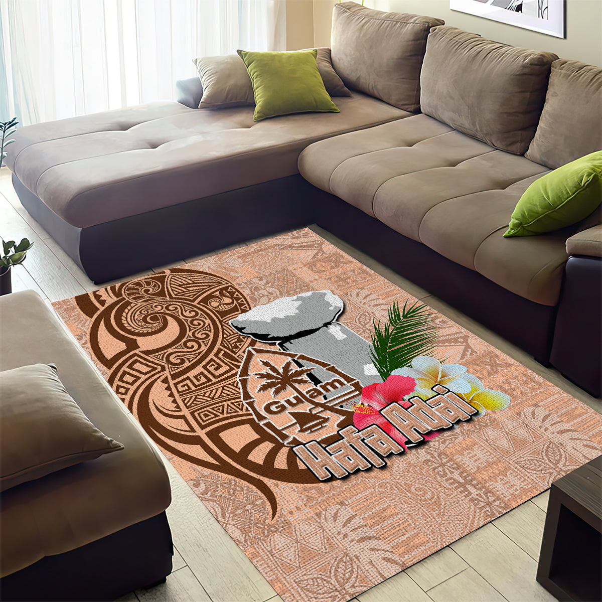 Guam Seal and Latte Stone With Ethnic Tapa Pattern Area Rug Peach Fuzz Color LT03 - Polynesian Pride