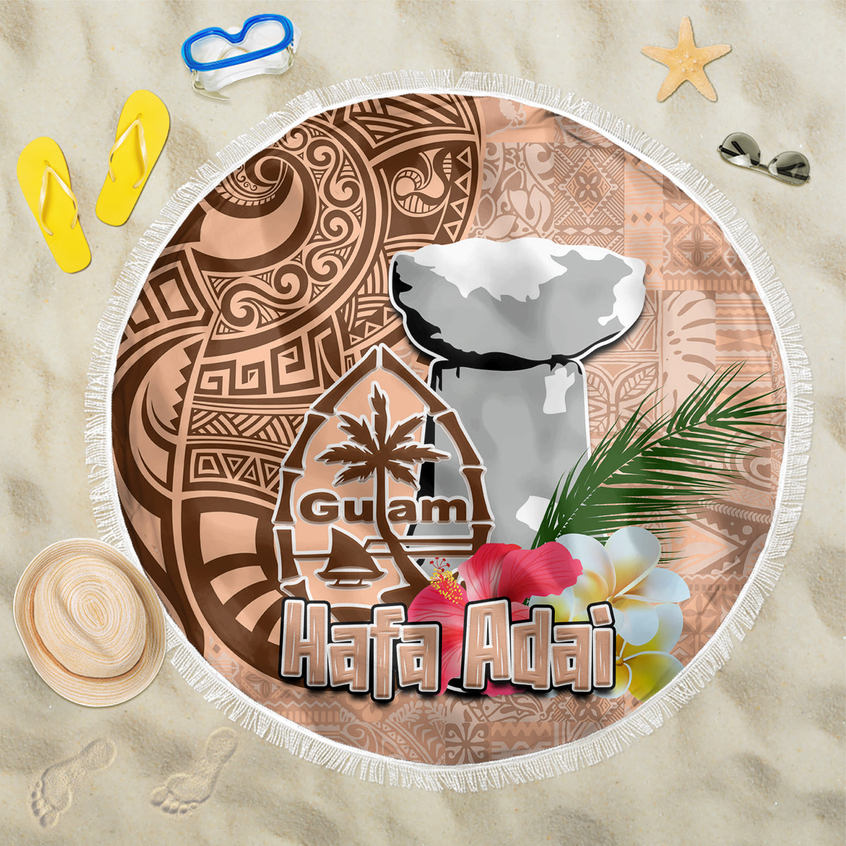 Guam Seal and Latte Stone With Ethnic Tapa Pattern Beach Blanket Peach Fuzz Color LT03 One Size 150cm Peach Fuzz - Polynesian Pride