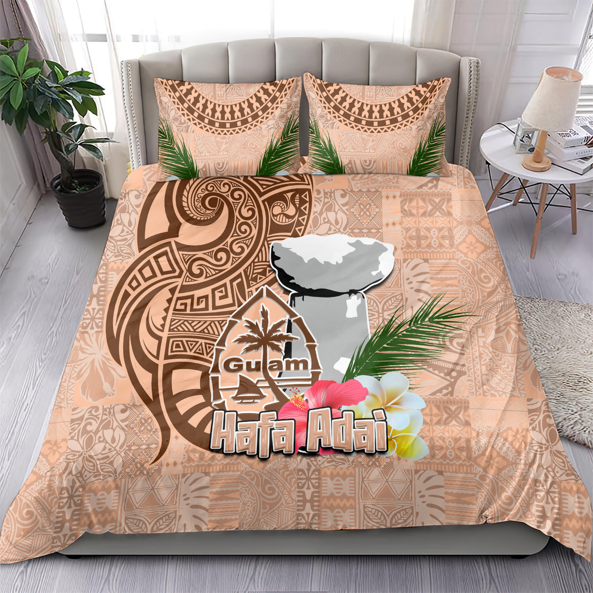 Guam Seal and Latte Stone With Ethnic Tapa Pattern Bedding Set Peach Fuzz Color LT03 - Polynesian Pride