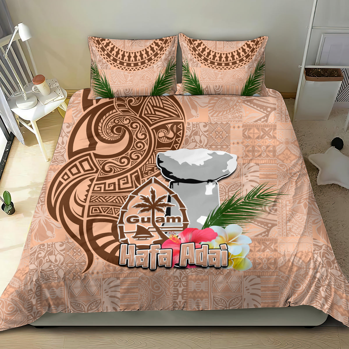Guam Seal and Latte Stone With Ethnic Tapa Pattern Bedding Set Peach Fuzz Color LT03 - Polynesian Pride