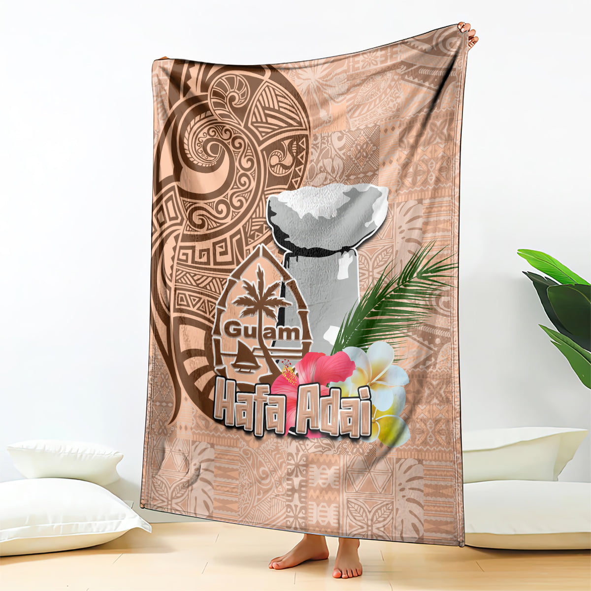 Guam Seal and Latte Stone With Ethnic Tapa Pattern Blanket Peach Fuzz Color LT03 Peach Fuzz - Polynesian Pride