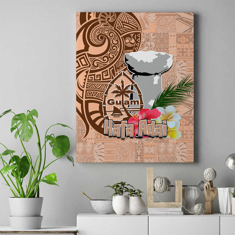 Guam Seal and Latte Stone With Ethnic Tapa Pattern Canvas Wall Art Peach Fuzz Color 