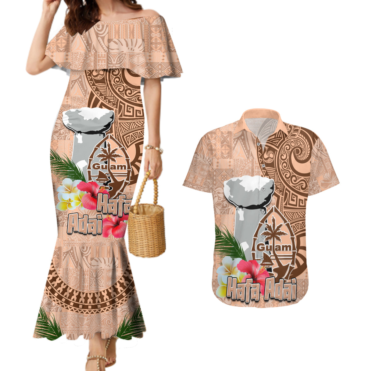Guam Seal and Latte Stone With Ethnic Tapa Pattern Couples Matching Mermaid Dress and Hawaiian Shirt Peach Fuzz Color LT03 Peach Fuzz - Polynesian Pride