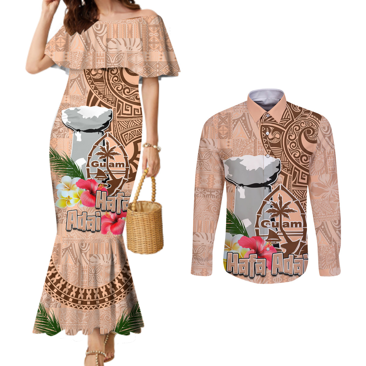 Guam Seal and Latte Stone With Ethnic Tapa Pattern Couples Matching Mermaid Dress and Long Sleeve Button Shirt Peach Fuzz Color LT03 Peach Fuzz - Polynesian Pride