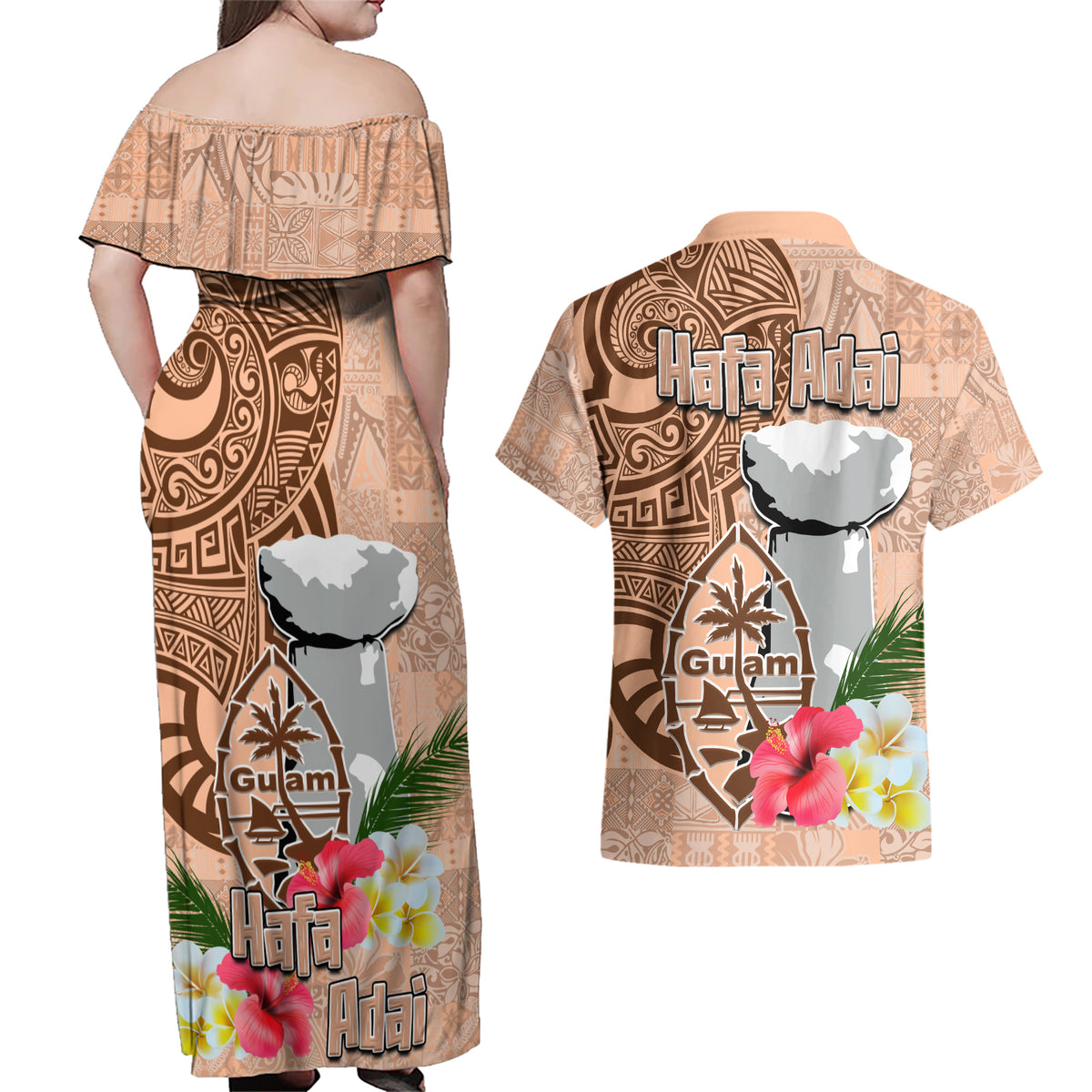 Guam Seal and Latte Stone With Ethnic Tapa Pattern Couples Matching Off Shoulder Maxi Dress and Hawaiian Shirt Peach Fuzz Color LT03 - Polynesian Pride