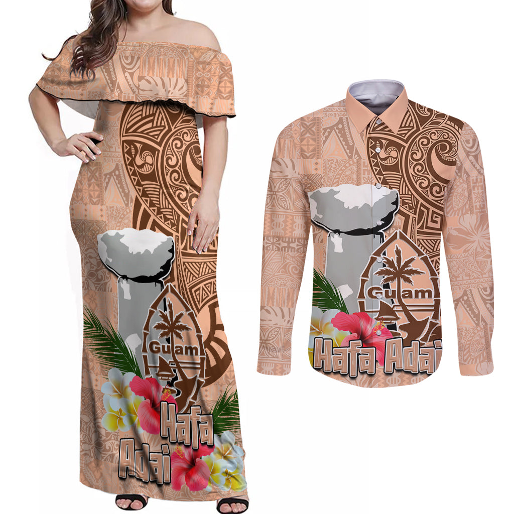 Guam Seal and Latte Stone With Ethnic Tapa Pattern Couples Matching Off Shoulder Maxi Dress and Long Sleeve Button Shirt Peach Fuzz Color LT03 Peach Fuzz - Polynesian Pride