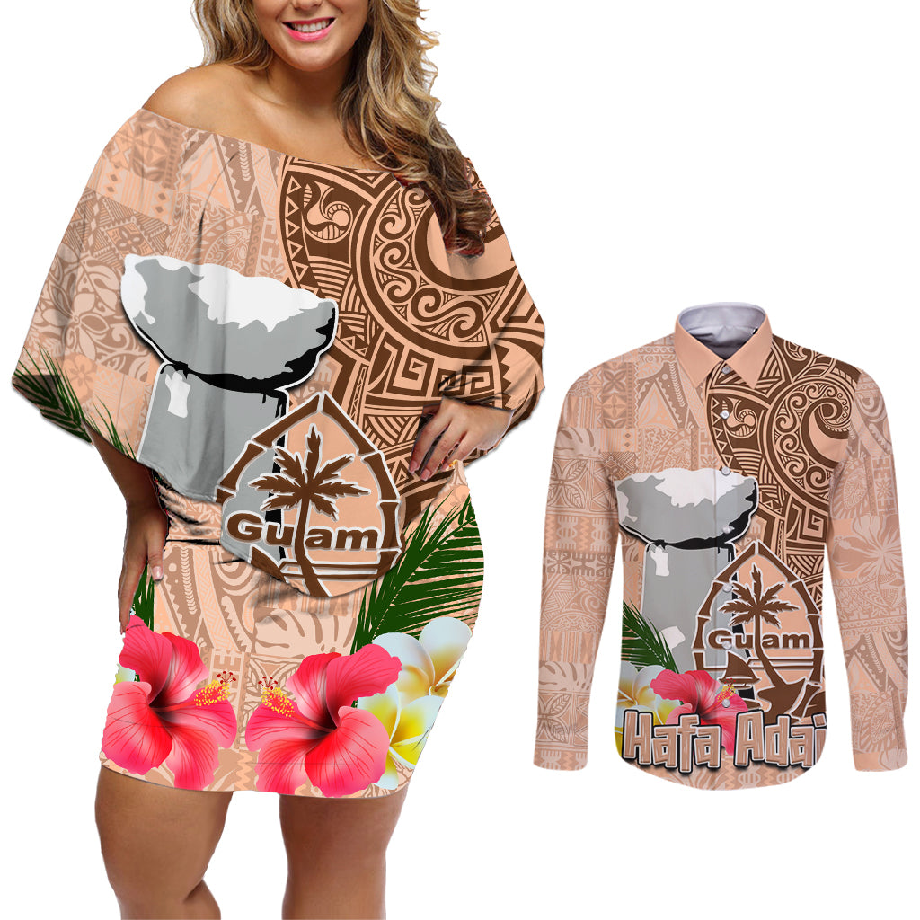 Guam Seal and Latte Stone With Ethnic Tapa Pattern Couples Matching Off Shoulder Short Dress and Long Sleeve Button Shirt Peach Fuzz Color LT03 Peach Fuzz - Polynesian Pride