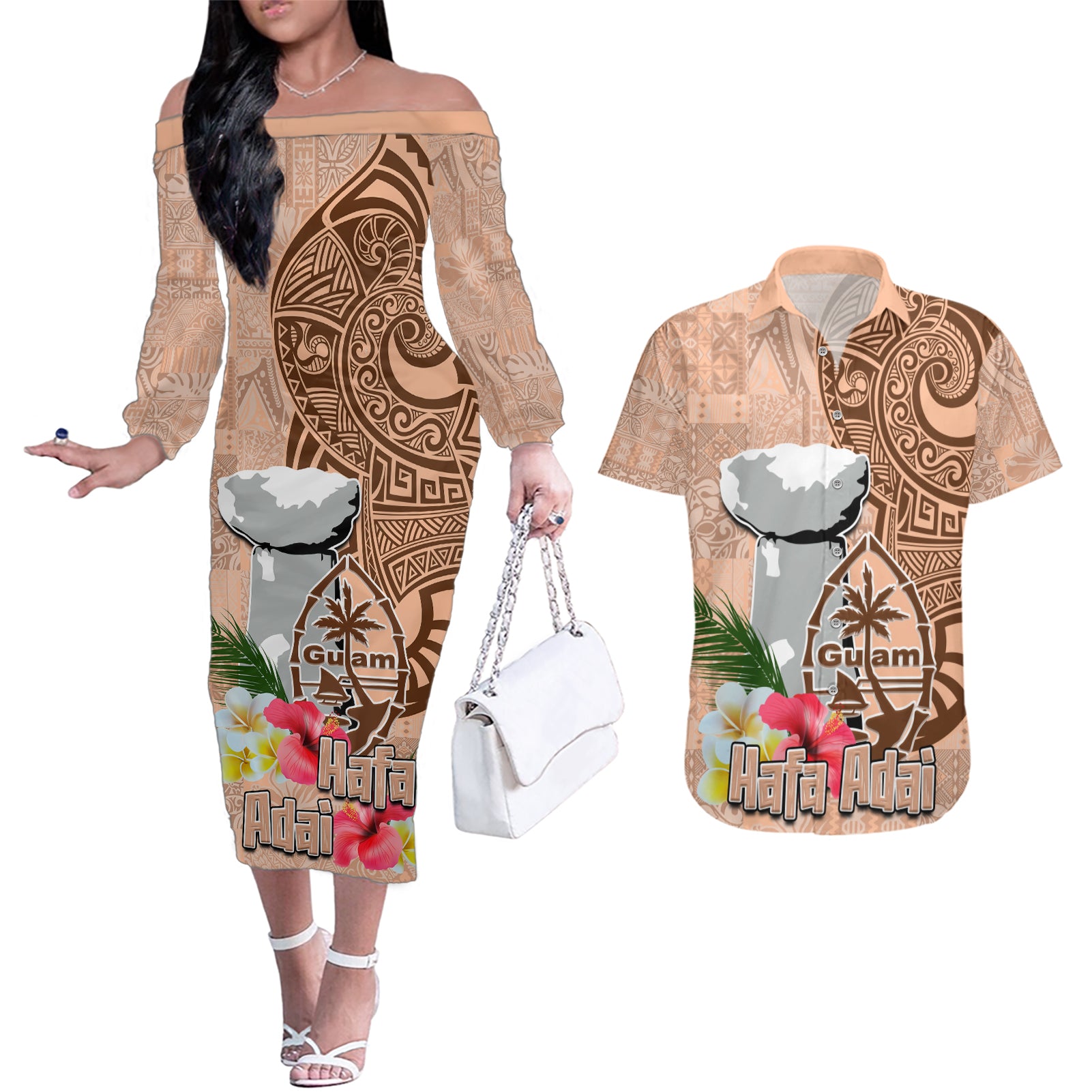 Guam Seal and Latte Stone With Ethnic Tapa Pattern Couples Matching Off The Shoulder Long Sleeve Dress and Hawaiian Shirt Peach Fuzz Color LT03 Peach Fuzz - Polynesian Pride