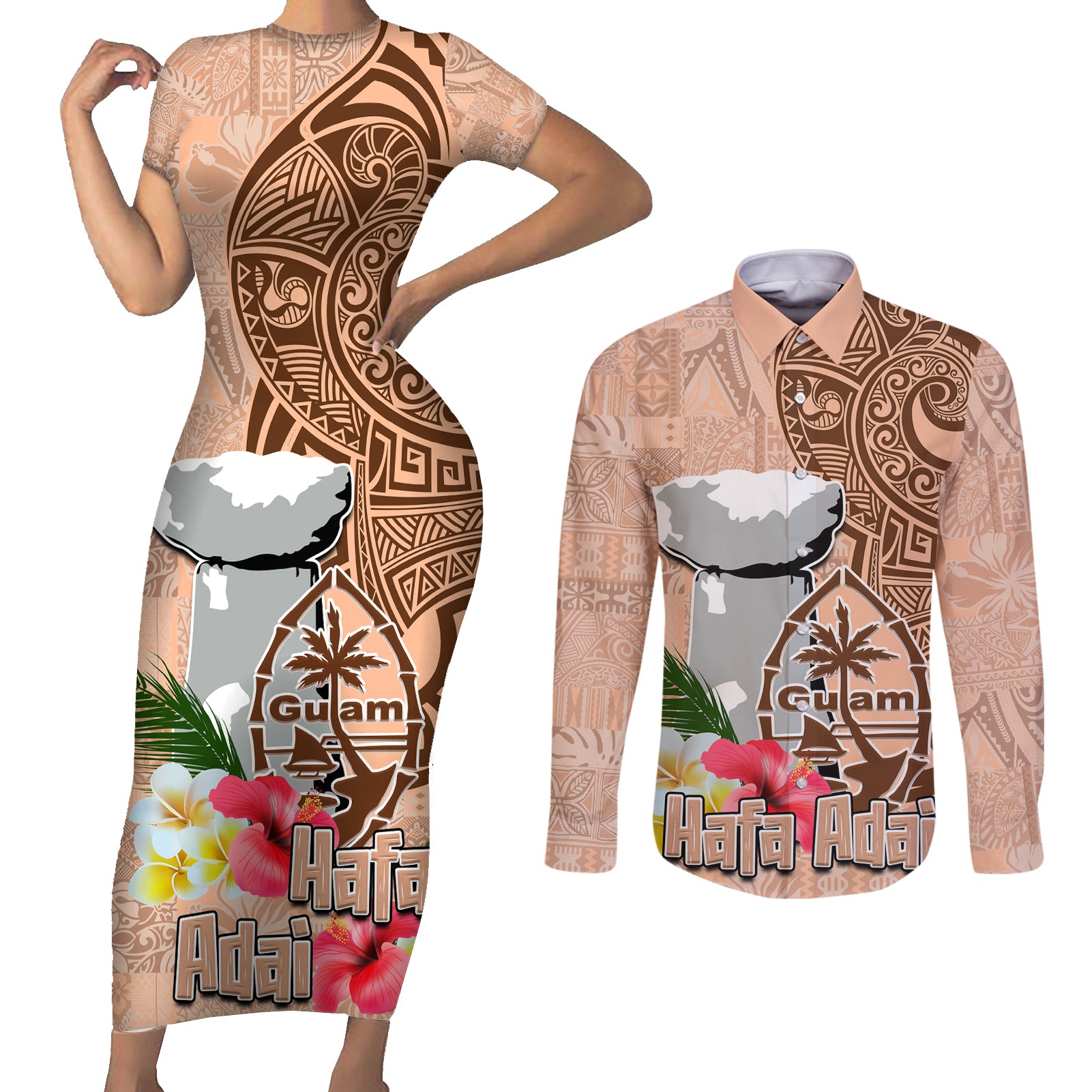 Guam Seal and Latte Stone With Ethnic Tapa Pattern Couples Matching Short Sleeve Bodycon Dress and Long Sleeve Button Shirt Peach Fuzz Color LT03 Peach Fuzz - Polynesian Pride