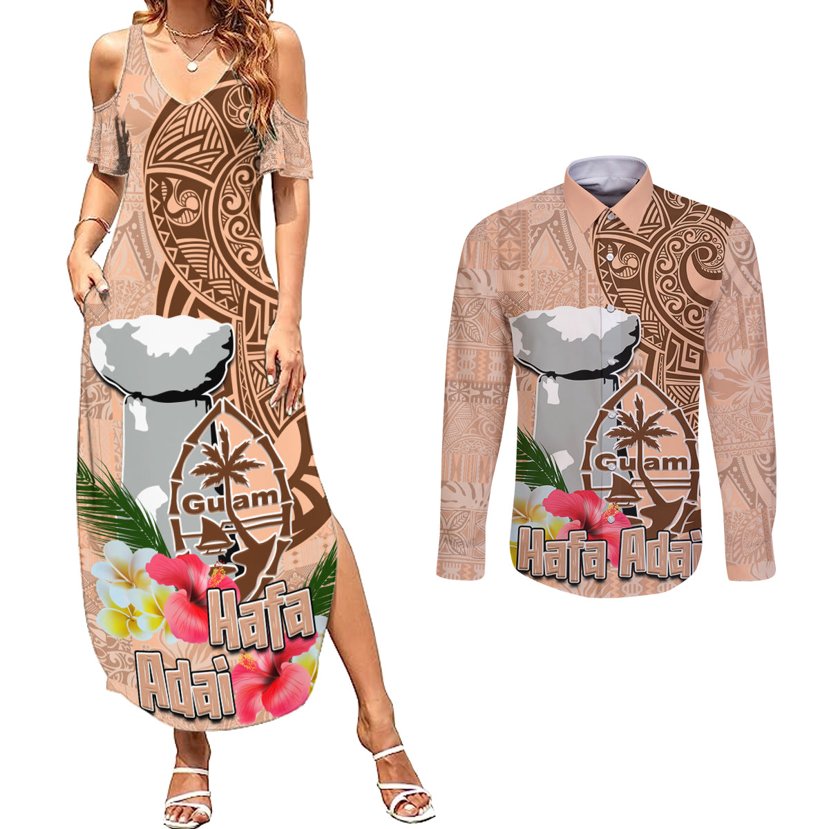 Guam Seal and Latte Stone With Ethnic Tapa Pattern Couples Matching Summer Maxi Dress and Long Sleeve Button Shirt Peach Fuzz Color LT03 Peach Fuzz - Polynesian Pride