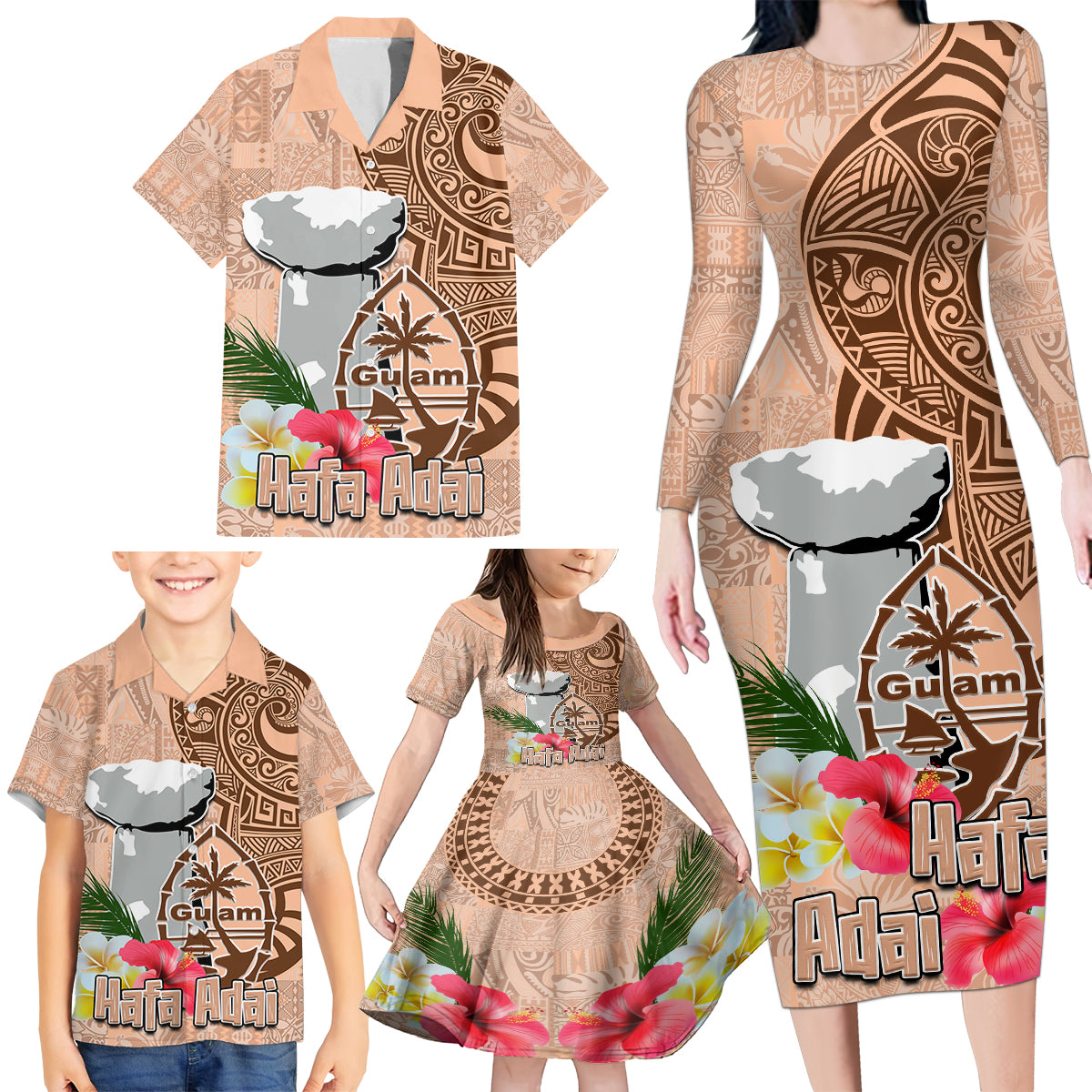 Guam Seal and Latte Stone With Ethnic Tapa Pattern Family Matching Long Sleeve Bodycon Dress and Hawaiian Shirt Peach Fuzz Color LT03 - Polynesian Pride