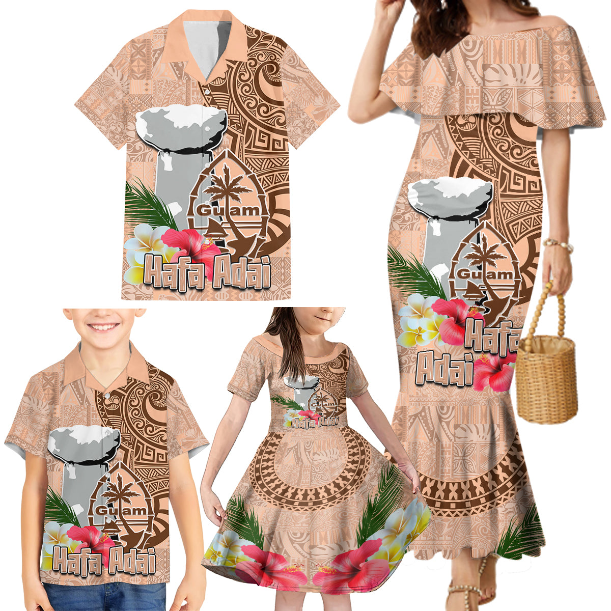 Guam Seal and Latte Stone With Ethnic Tapa Pattern Family Matching Mermaid Dress and Hawaiian Shirt Peach Fuzz Color LT03 - Polynesian Pride