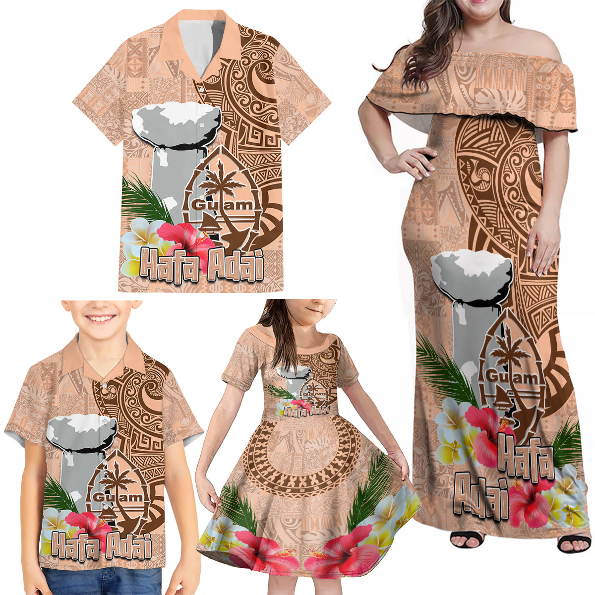 Guam Seal and Latte Stone With Ethnic Tapa Pattern Family Matching Off Shoulder Maxi Dress and Hawaiian Shirt Peach Fuzz Color LT03 - Polynesian Pride