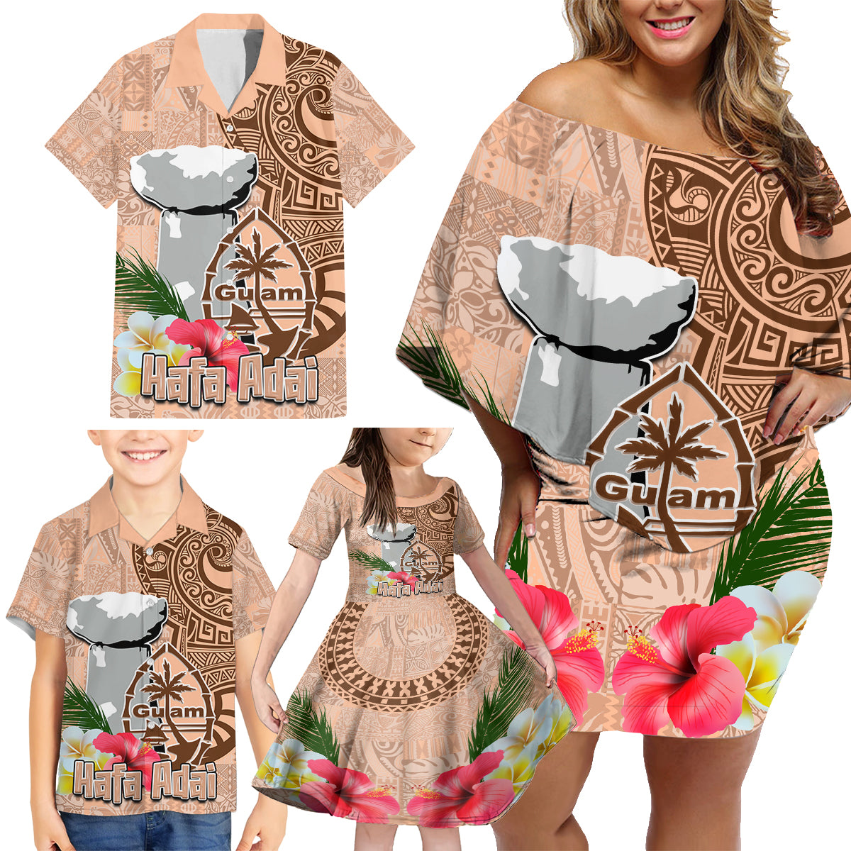 Guam Seal and Latte Stone With Ethnic Tapa Pattern Family Matching Off Shoulder Short Dress and Hawaiian Shirt Peach Fuzz Color LT03 - Polynesian Pride