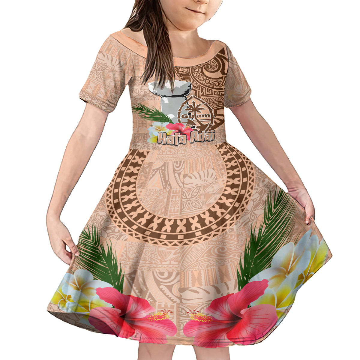 Guam Seal and Latte Stone With Ethnic Tapa Pattern Family Matching Puletasi and Hawaiian Shirt Peach Fuzz Color LT03 Daughter's Dress Peach Fuzz - Polynesian Pride