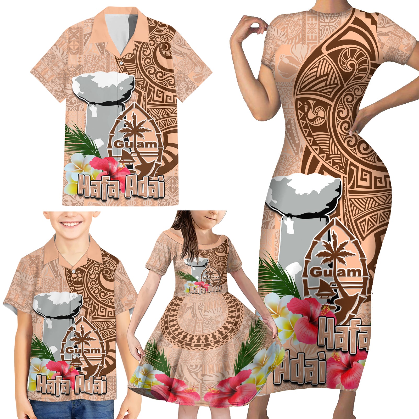 Guam Seal and Latte Stone With Ethnic Tapa Pattern Family Matching Short Sleeve Bodycon Dress and Hawaiian Shirt Peach Fuzz Color LT03 - Polynesian Pride