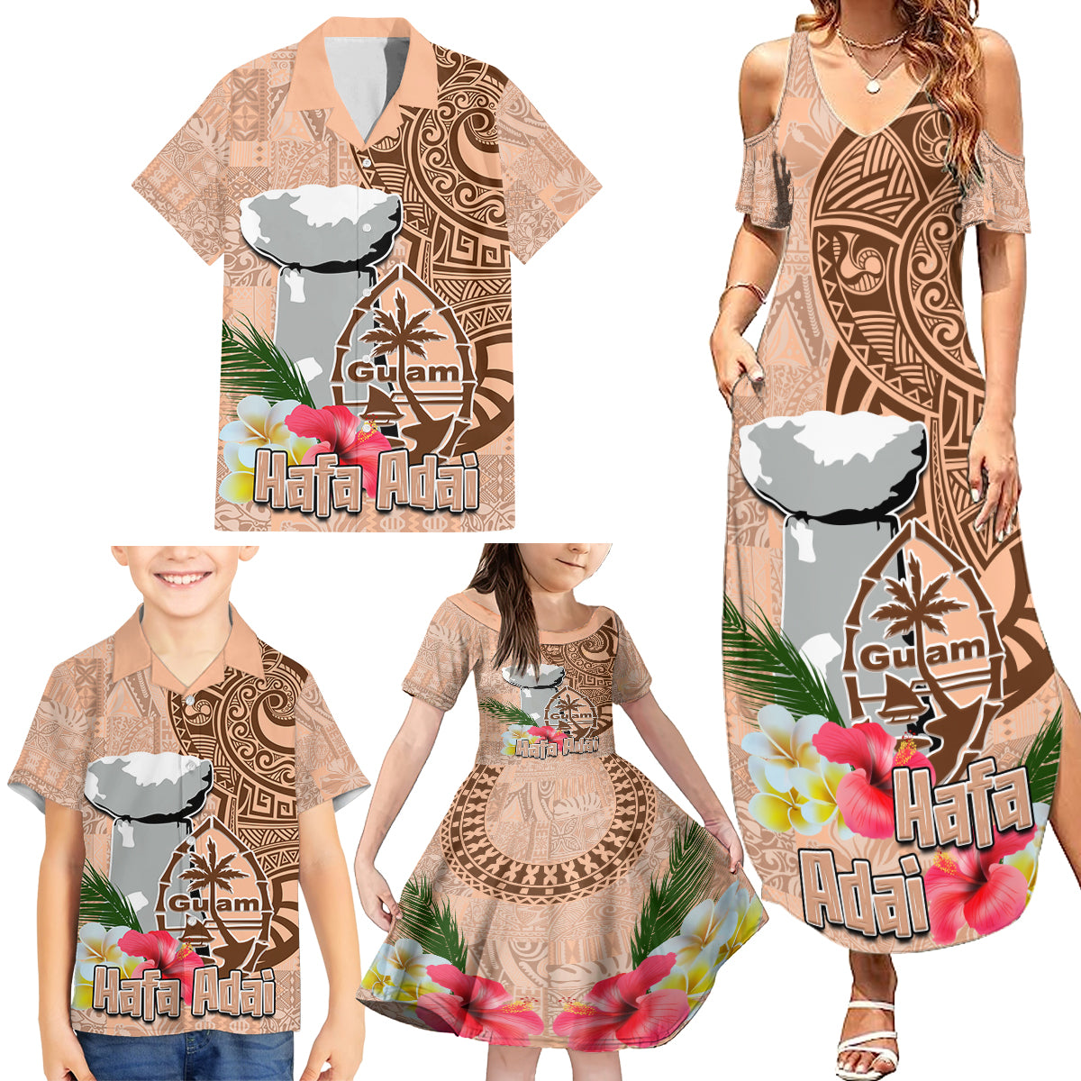 Guam Seal and Latte Stone With Ethnic Tapa Pattern Family Matching Summer Maxi Dress and Hawaiian Shirt Peach Fuzz Color LT03 - Polynesian Pride