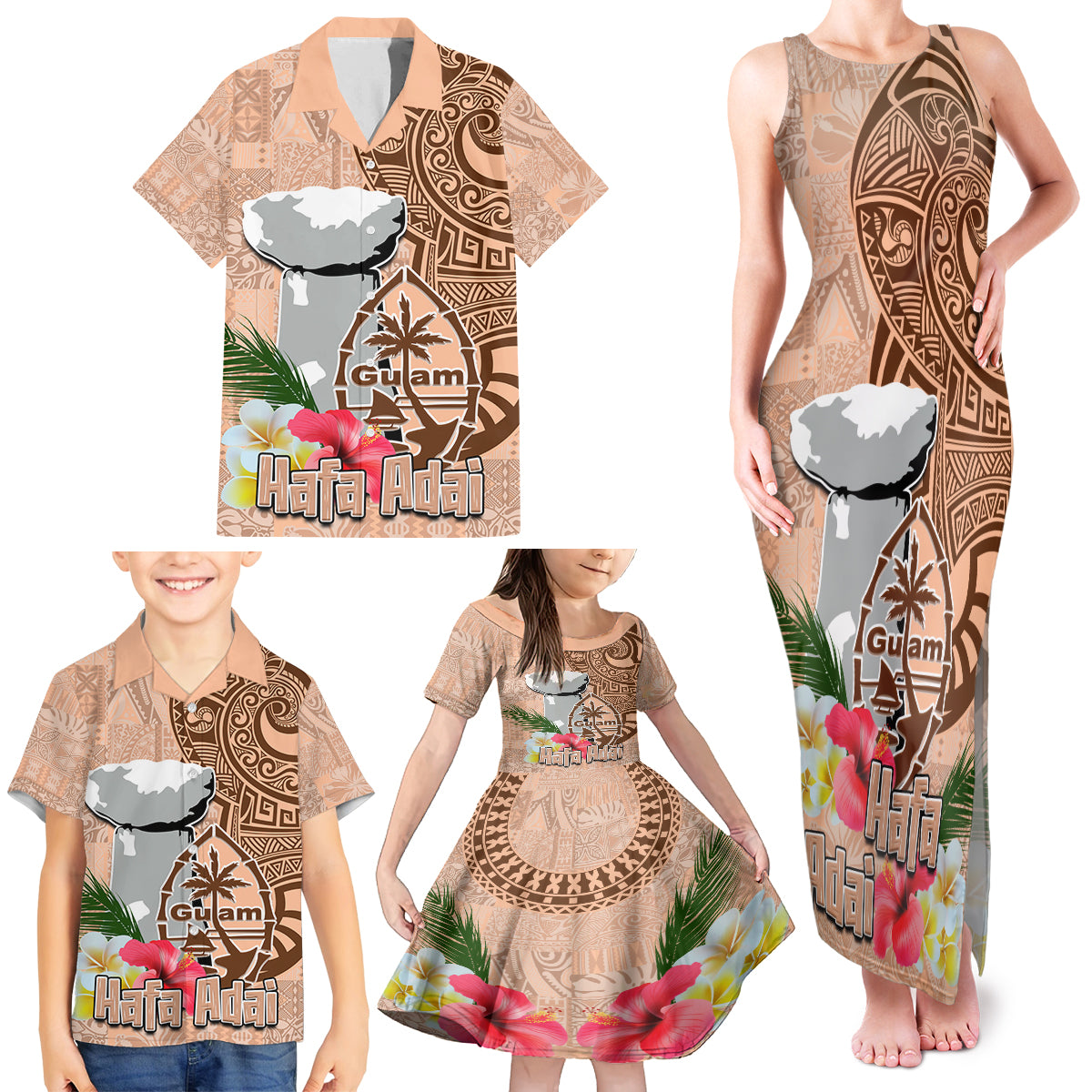 Guam Seal and Latte Stone With Ethnic Tapa Pattern Family Matching Tank Maxi Dress and Hawaiian Shirt Peach Fuzz Color LT03 - Polynesian Pride