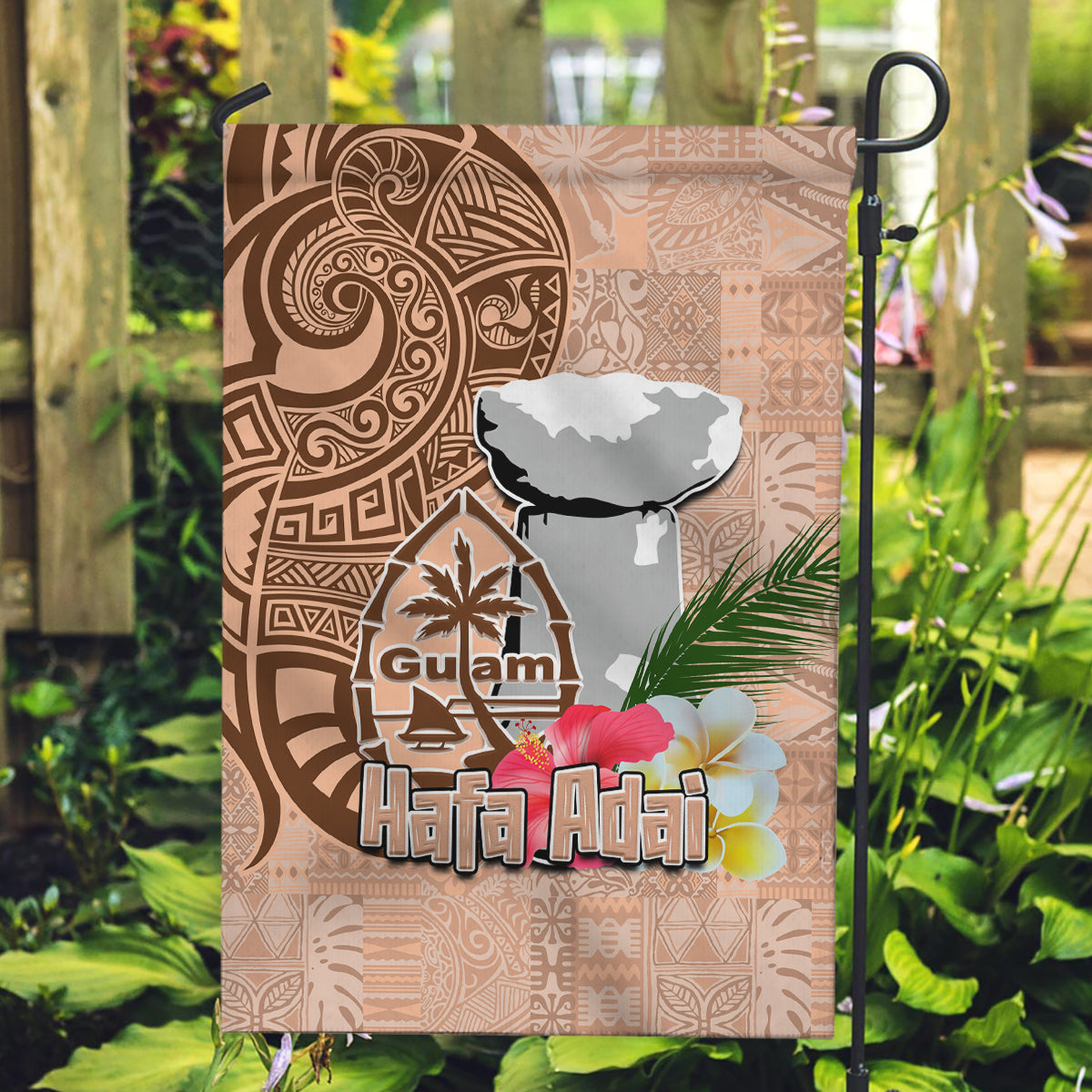 Guam Seal and Latte Stone With Ethnic Tapa Pattern Garden Flag Peach Fuzz Color LT03 Garden Flag Peach Fuzz - Polynesian Pride