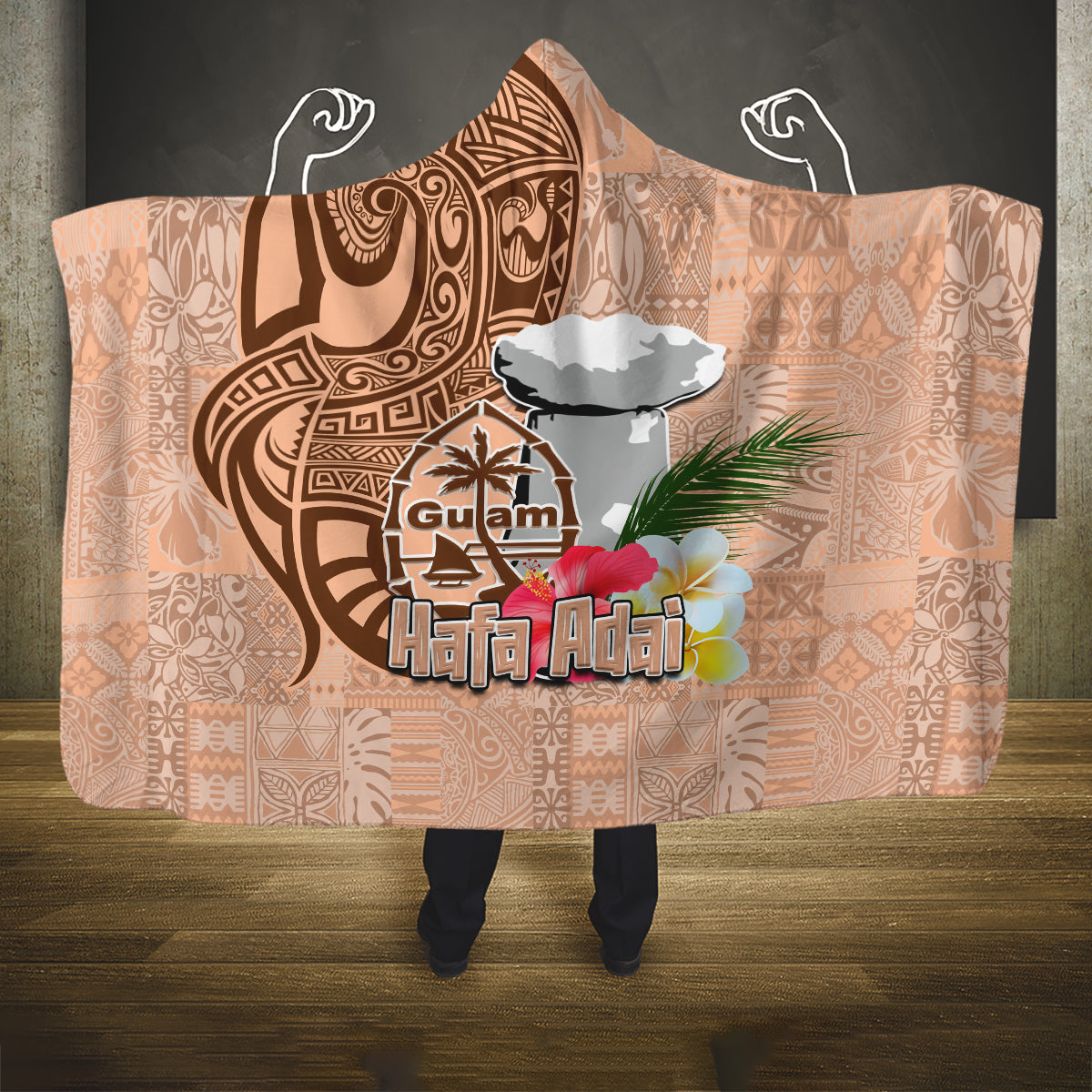 Guam Seal and Latte Stone With Ethnic Tapa Pattern Hooded Blanket Peach Fuzz Color LT03 One Size Peach Fuzz - Polynesian Pride