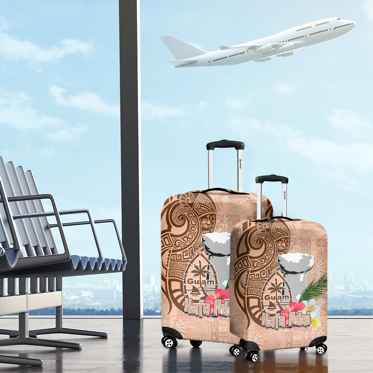 Guam Seal and Latte Stone With Ethnic Tapa Pattern Luggage Cover Peach Fuzz Color LT03 - Polynesian Pride