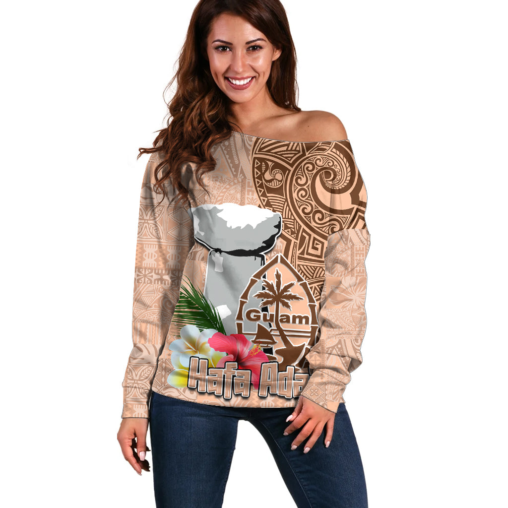 Guam Seal and Latte Stone With Ethnic Tapa Pattern Off Shoulder Sweater Peach Fuzz Color LT03 Women Peach Fuzz - Polynesian Pride