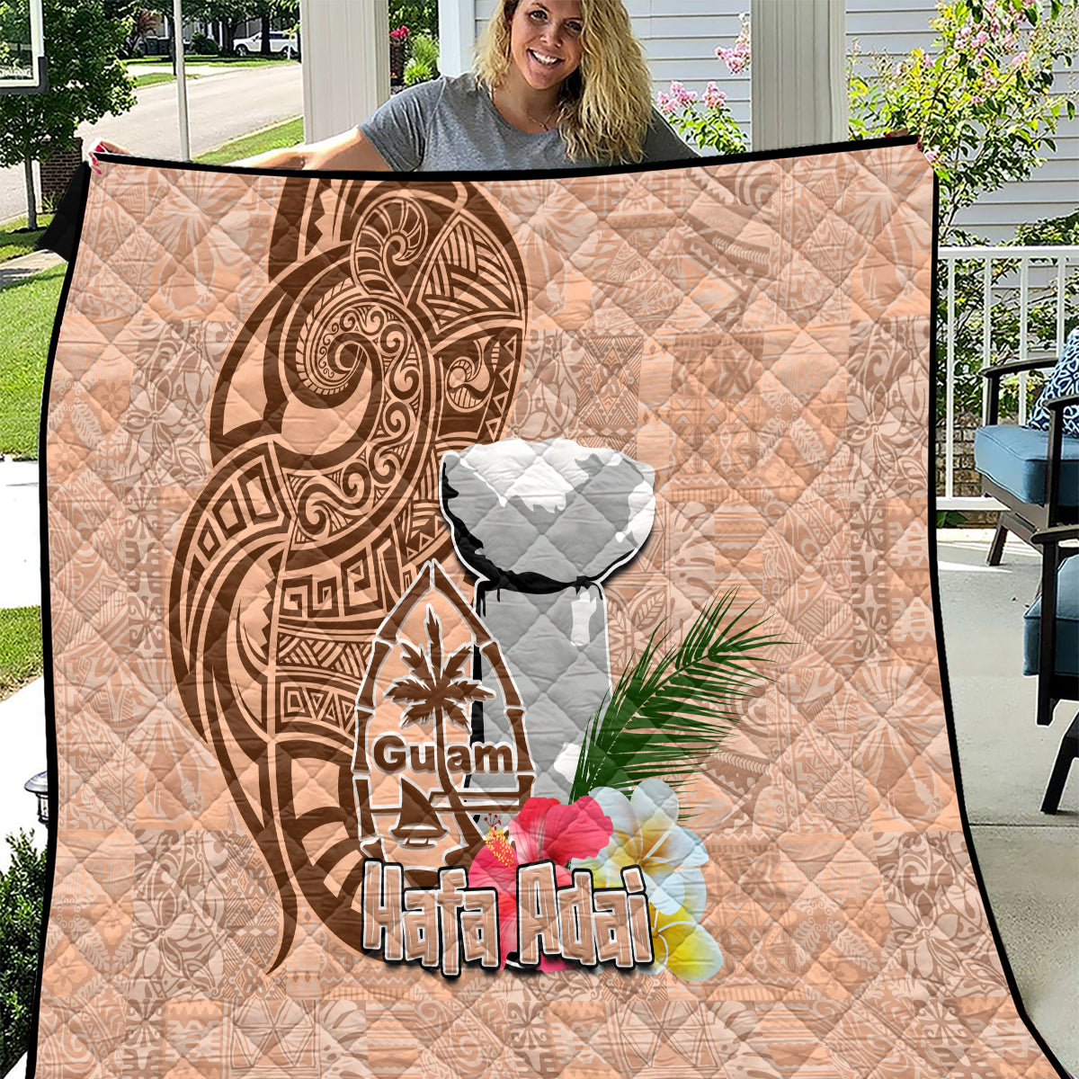 Guam Seal and Latte Stone With Ethnic Tapa Pattern Quilt Peach Fuzz Color LT03 Peach Fuzz - Polynesian Pride