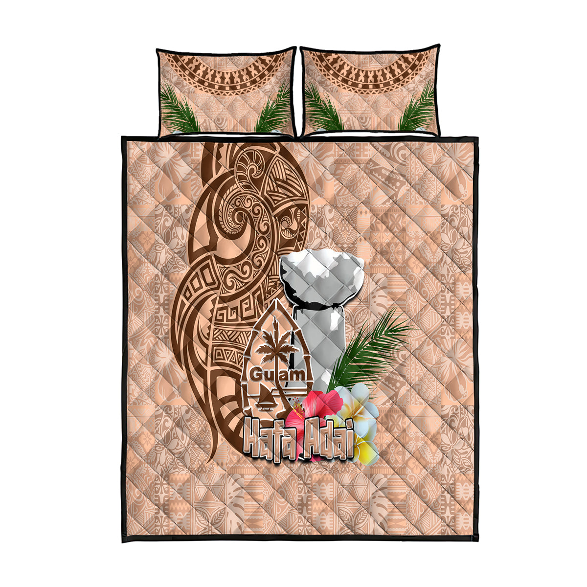 Guam Seal and Latte Stone With Ethnic Tapa Pattern Quilt Bed Set Peach Fuzz Color LT03 Peach Fuzz - Polynesian Pride