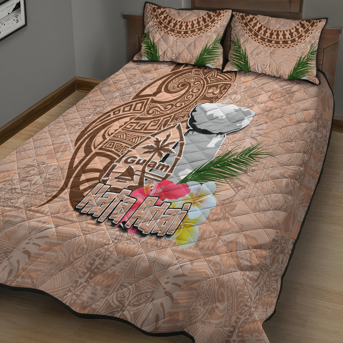 Guam Seal and Latte Stone With Ethnic Tapa Pattern Quilt Bed Set Peach Fuzz Color LT03 - Polynesian Pride