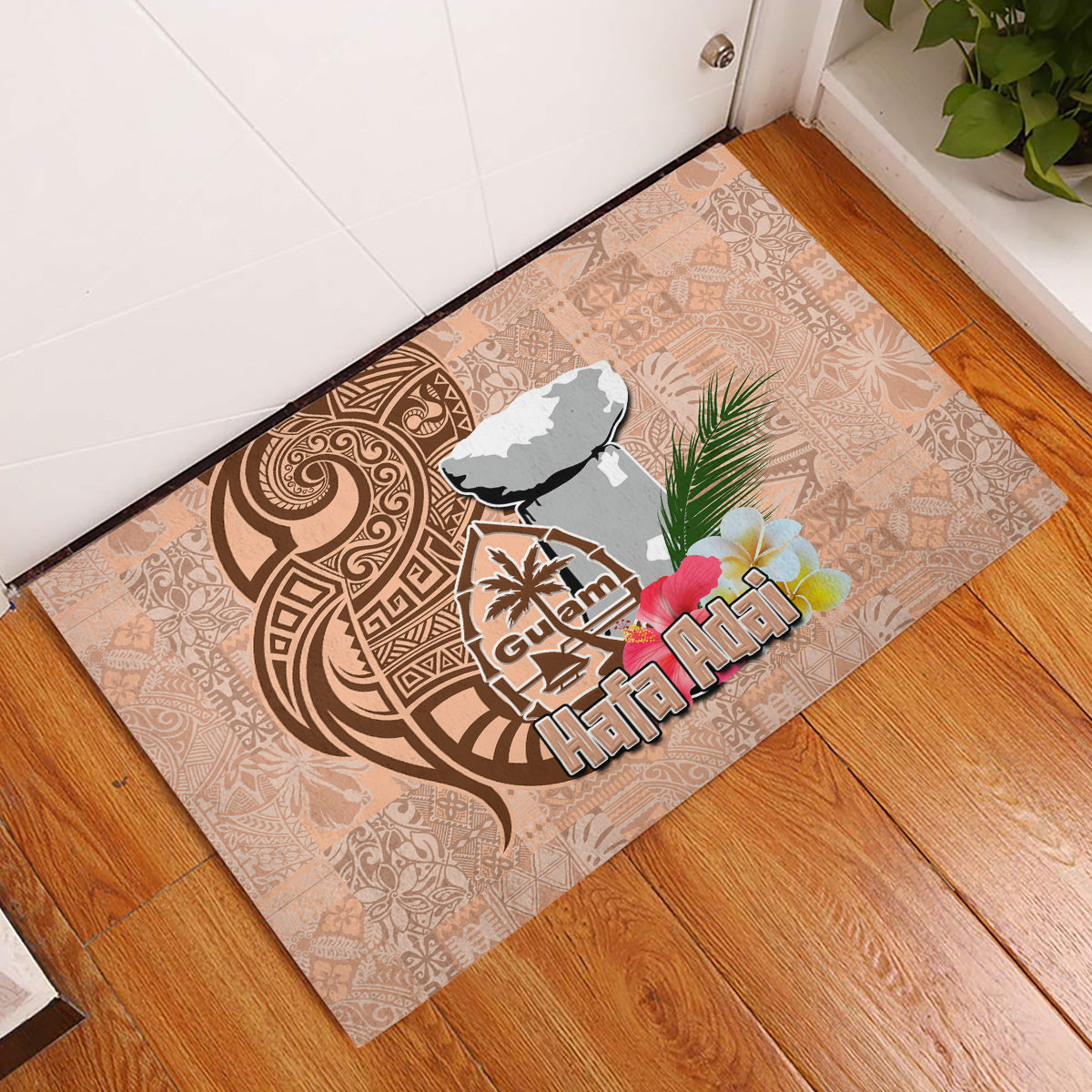 Guam Seal and Latte Stone With Ethnic Tapa Pattern Rubber Doormat Peach Fuzz Color LT03 Peach Fuzz - Polynesian Pride