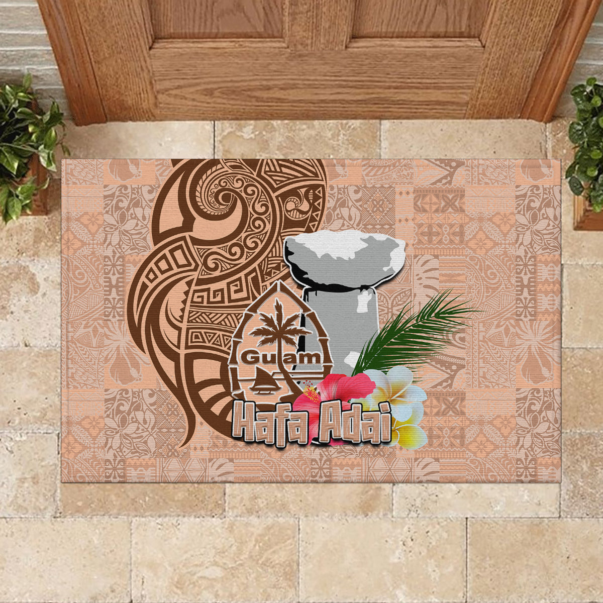 Guam Seal and Latte Stone With Ethnic Tapa Pattern Rubber Doormat Peach Fuzz Color LT03 - Polynesian Pride